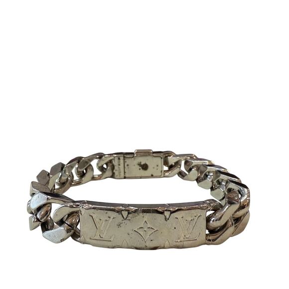 LOUIS VUITTON Monogram Chain Silver Bracelet*Engraved bracelet*8" - Picture 1 of 6